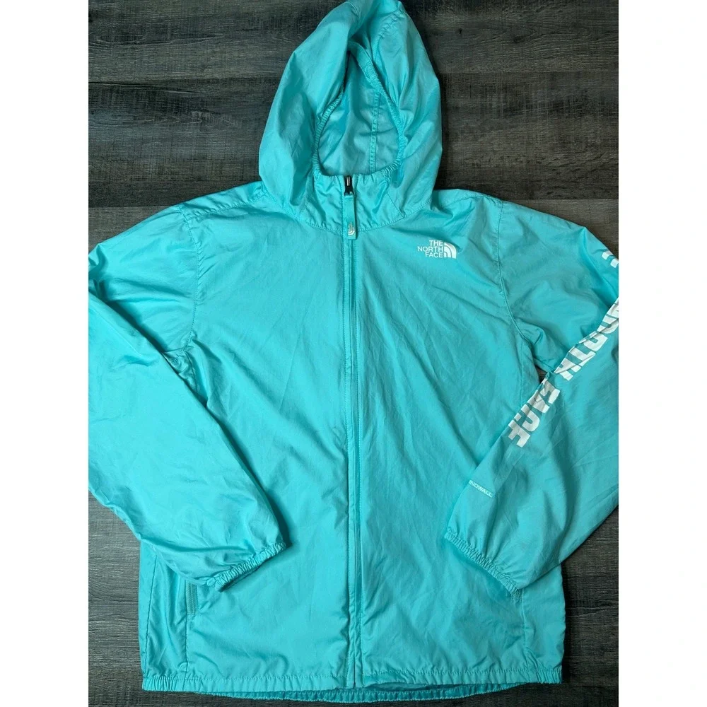 The North Face Boys Windwall Hooded Jacket Teal Blue Size Large L 14/16 Logo